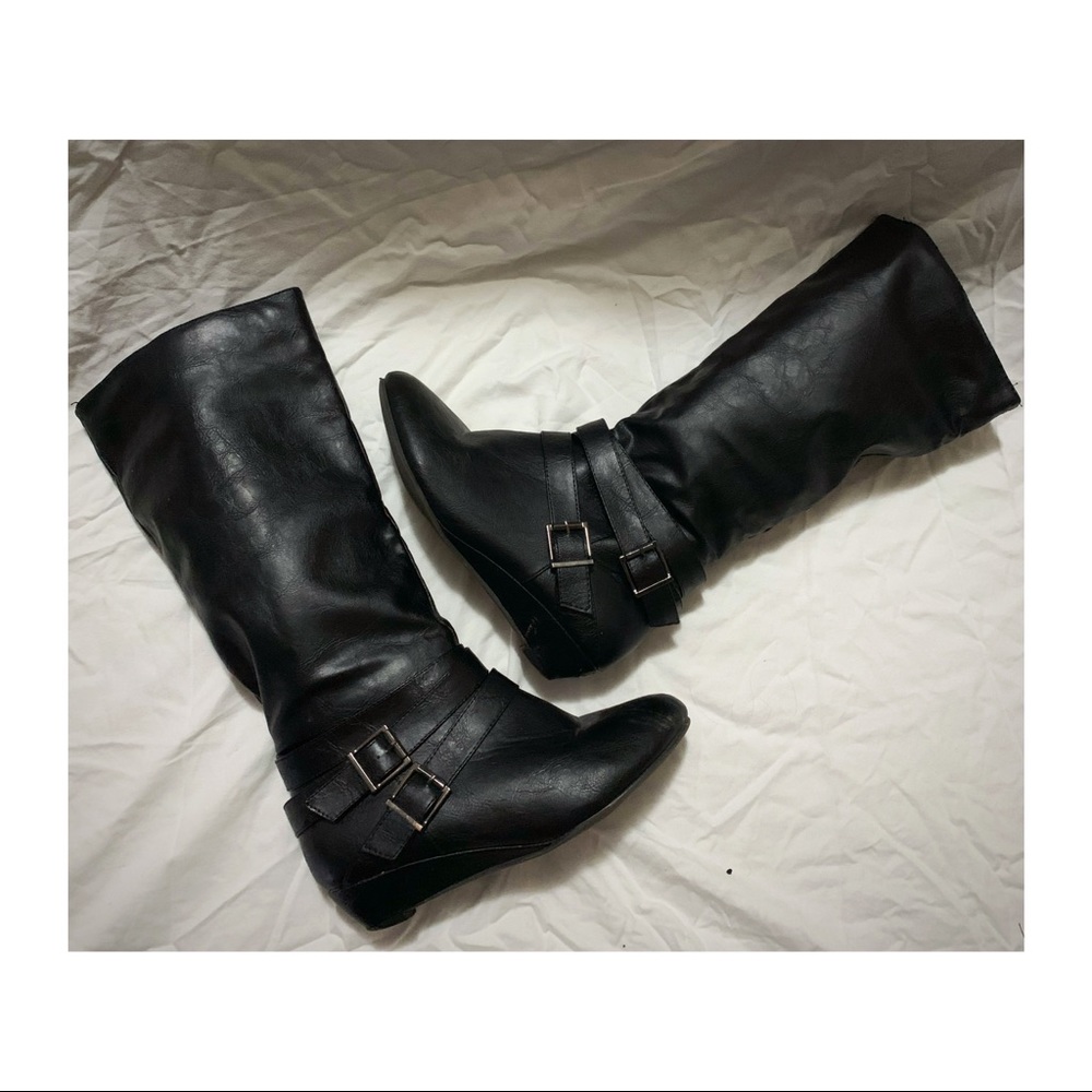 Black knee high boots with small wedge heel